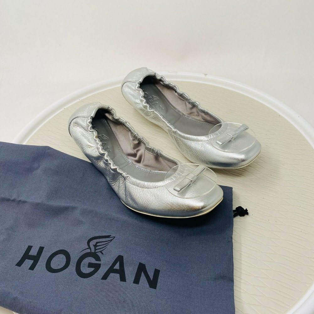 Hogan Shoes Women Coquette Ballerina Ballet Flats 37 7 Silver Leather Disc Mod